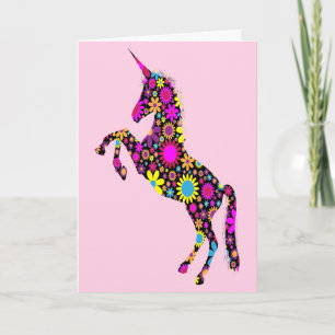 Blommigt Unicorn on Rosa, födelsedag Kort