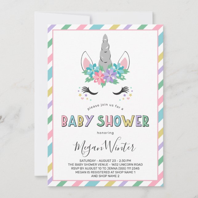 Blommigt Unicorn Pastel Baby Shower Inbjudningar (Framsida)