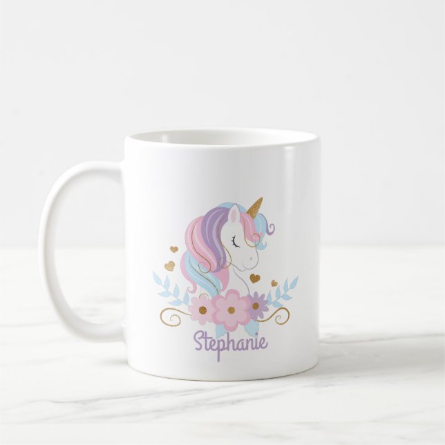 Blommigt Unicorn Personlig Namn Cute Kaffemugg (Vänster)