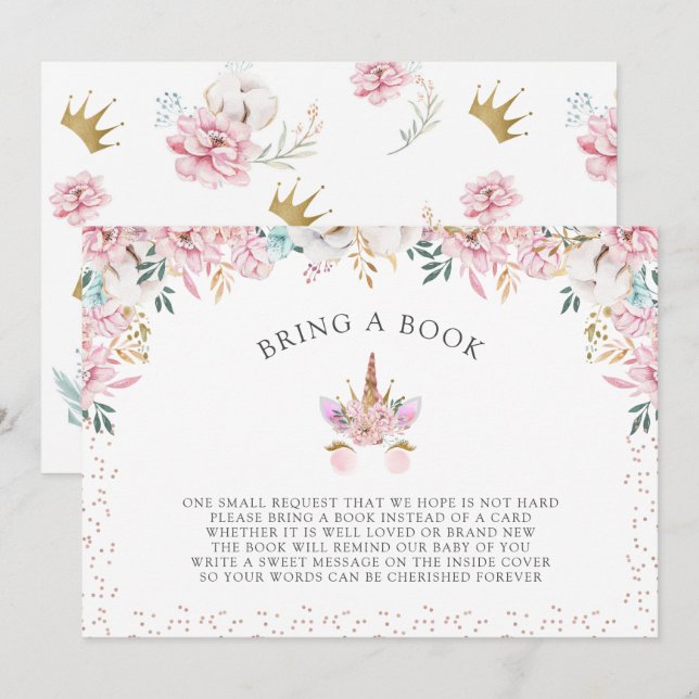 Blommigt Unicorn Princess Ta med Bok Inbjudningar (Fram/baksida)