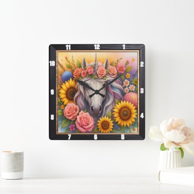 Blommigt Unicorn Rainbow Forest Fyrkantig Klocka (Hem)