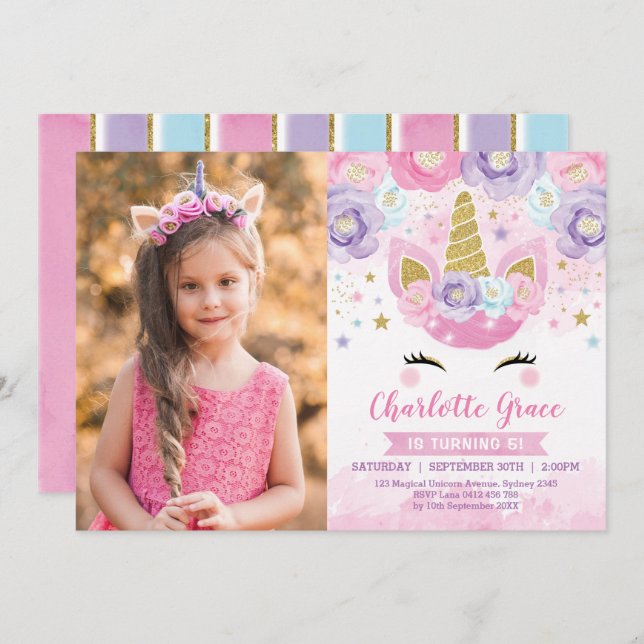 Blommigt Unicorn Rosa Lila Blue Rainbow Birthday Inbjudningar (Fram/baksida)