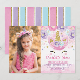 Blommigt Unicorn Rosa Lila Blue Rainbow Birthday Inbjudningar