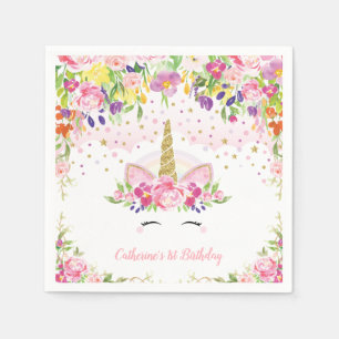 Blommigt Unicorn Rosa Rainbow Birthday Pappersserv Pappersservett