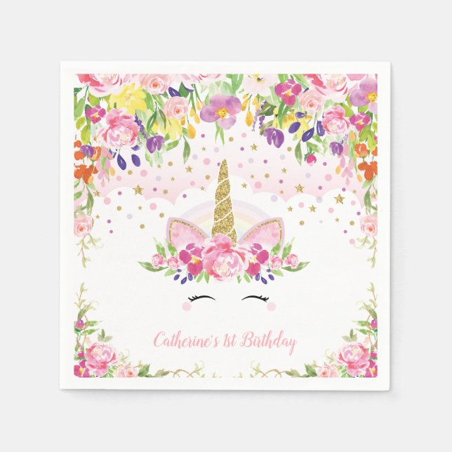 Blommigt Unicorn Rosa Rainbow Birthday Pappersserv Pappersservett (Framsidan)