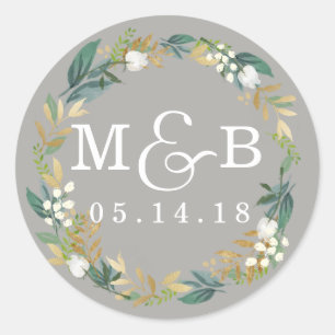 Blommigt Utandning Bröllop Monogram Sticker Runt Klistermärke