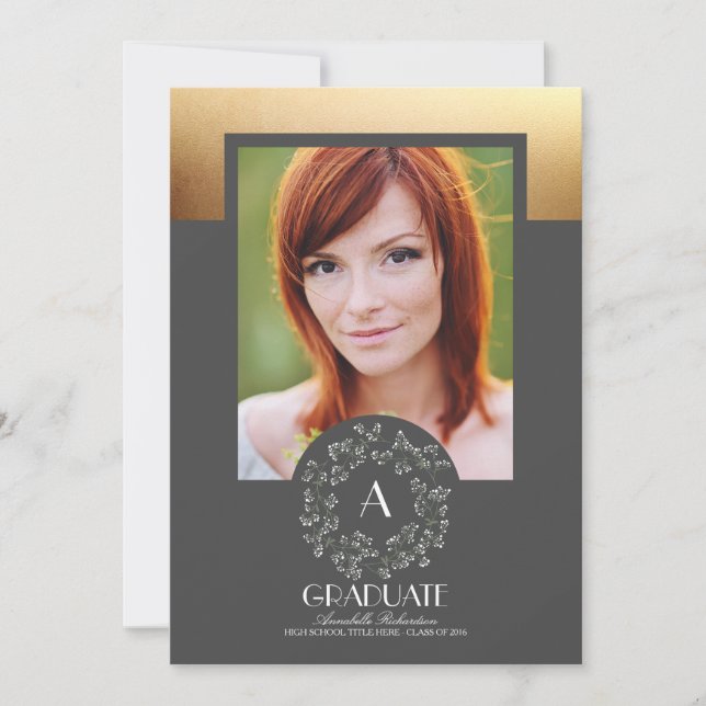 Blommigt Utandning Guld Struktur Photo Studenten Inbjudningar (Framsida)