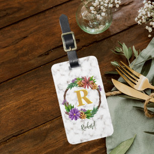 Blommigt Utandning Initial Brev Monogram Namn Marb Bagagebricka