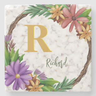 Blommigt Utandning Initial Brev Monogram Namn Marb Stenunderlägg