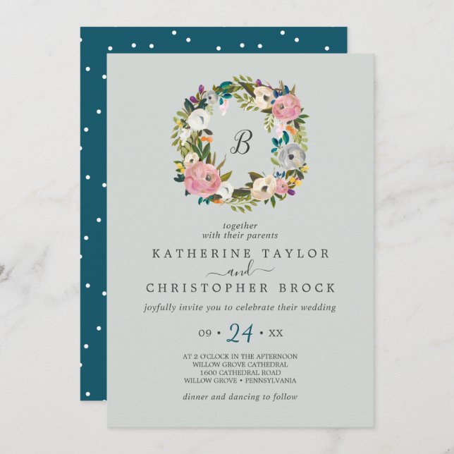 Blommigt, utandningsmonogram Bröllop Inbjudningar (Fram/baksida)