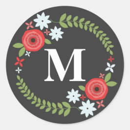 Blommigt Utandningsprov Monogram Sticker - Grått Runt Klistermärke