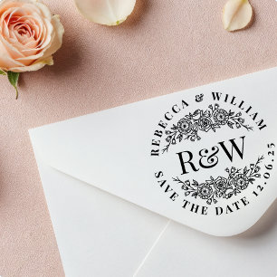 Blommigt Utandningsträck Monogram Spara datum Stämpel