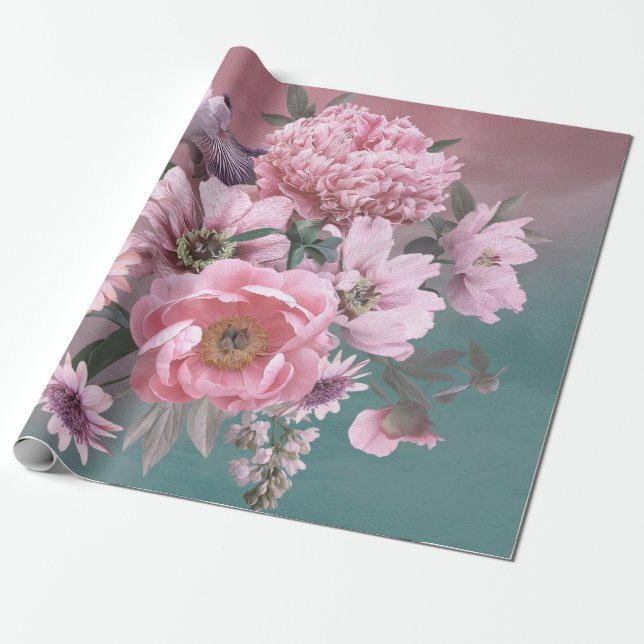 Blommigt. Vackra blommor, persikor Presentpapper (Utrullad)
