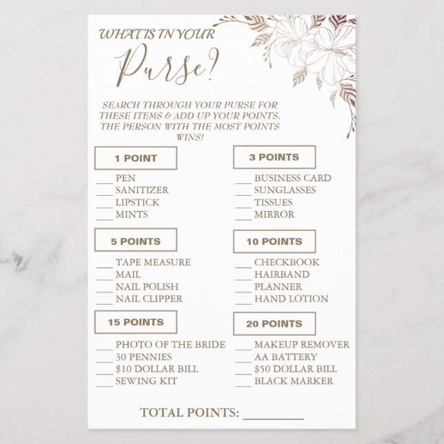 Blommigt Vad finns i din handväska - spelkortsFlye Flygblad (Framsidan)