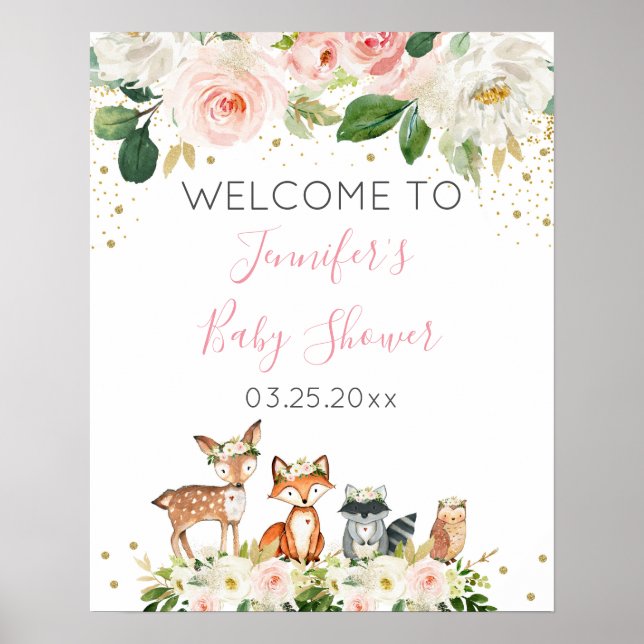  Blommigt välkomstplats för Girl Woodland Baby Sho Poster (Framsidan)