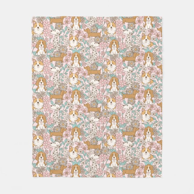 Blommigt-valpar Fleecefilt (Framsidan)