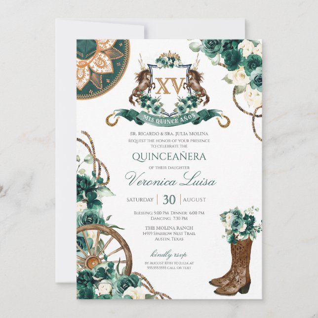 Blommigt Vapensköld Charro Emerald Grönt Quinceane Inbjudningar (Framsida)