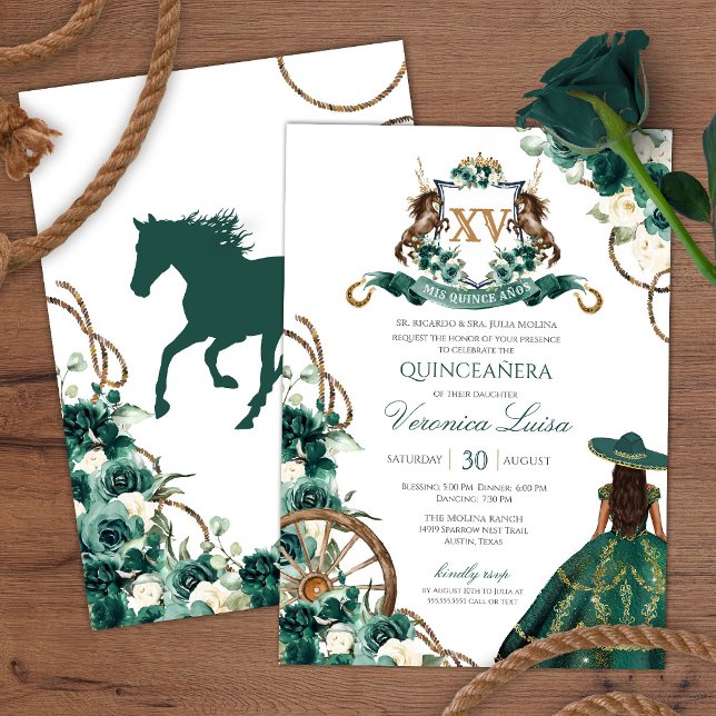 Blommigt Vapensköld Emerald Grönt Charro Quinceane Inbjudningar (Skapare uppladdad)