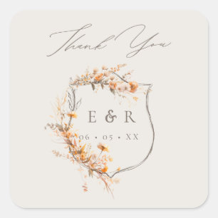 Blommigt Vapensköld Monogram Fall Wedding Tack Fyrkantigt Klistermärke