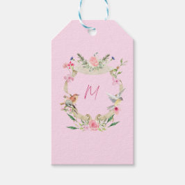 Blommigt Vapensköld Monogram Rosa Presentetikett
