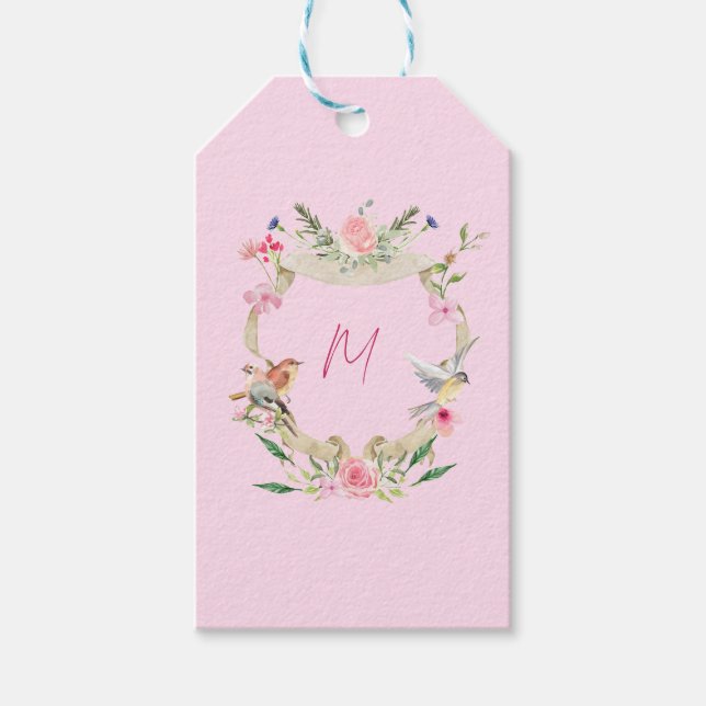 Blommigt Vapensköld Monogram Rosa Presentetikett (Framsidan)
