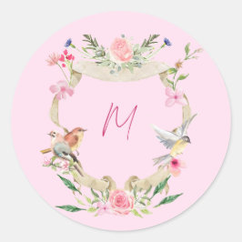 Blommigt Vapensköld Monogram Rosa Runt Klistermärke
