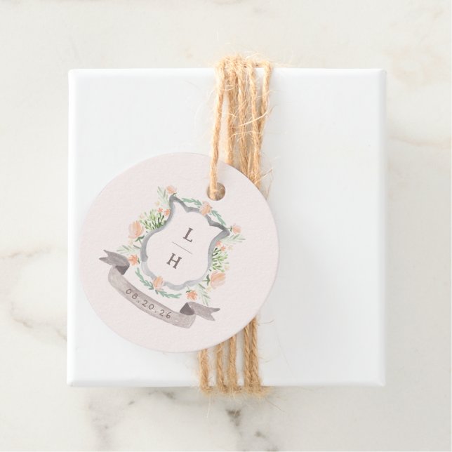 Blommigt Vapensköld Vattenfärg Monogram Bröllop Gåvor Etiketter (På plats)