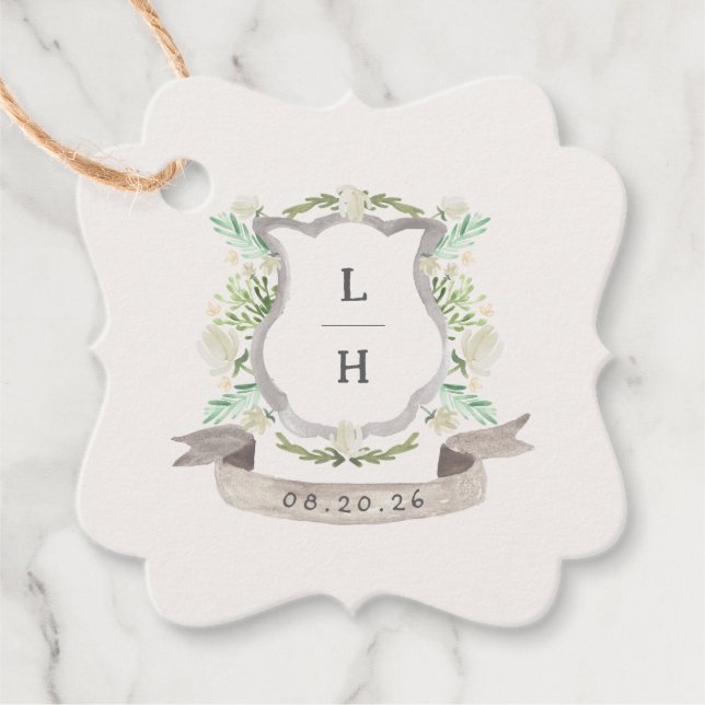 Blommigt Vapensköld Vattenfärg Monogram Bröllop Gåvor Etiketter (Framsida)