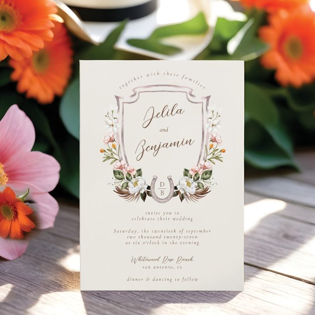 Blommigt Vapensköld Western Horseshoe Monogram Brö Inbjudningar (Floral Crest Western Horseshoe Monogram Wedding Invitation)
