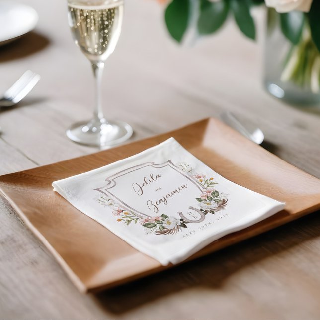 Blommigt Vapensköld Western Horseshoe Monogram Brö Pappersservett (Floral Crest Western Horseshoe Monogram Wedding Napkins)