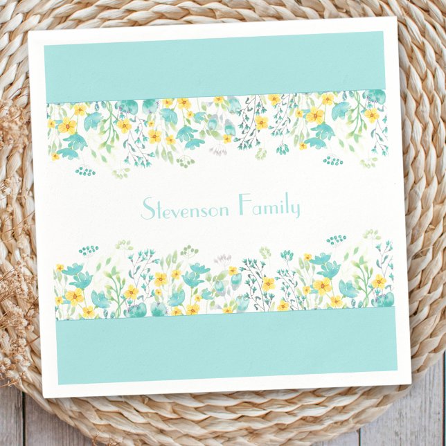 Blommigt Vår Blue Gult Wildblommor Family Namn Pappersservett (Floral Spring Blue Yellow Wildflowers Family Name Napkins)