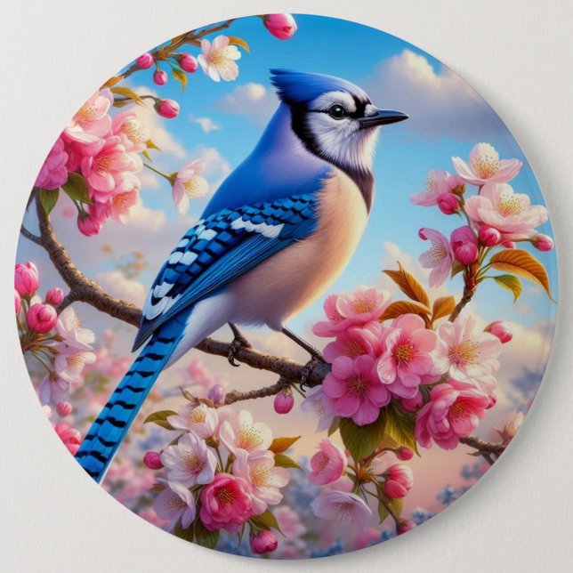 Blommigt/vår Blue Jay art Knapp (Framsida)
