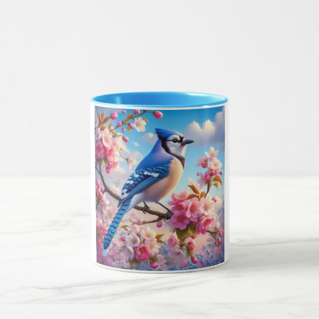 Blommigt/vår Blue Jay art Mugg (Center)