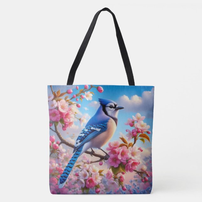 Blommigt/vår Blue Jay art Tygkasse (Framsida)