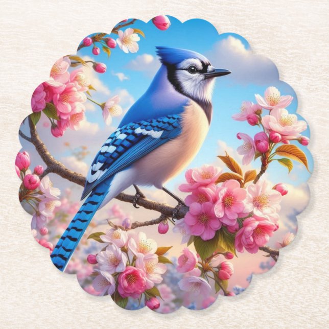 Blommigt/vår Blue Jay art Underlägg Papper (Framsida)