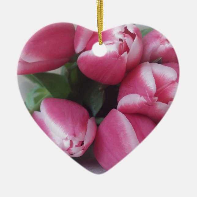 Blommigt Vår Bouquet of Rosa Tulips, Flowers Julgransprydnad Keramik (Framsidan)