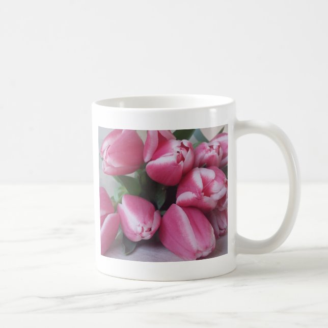 Blommigt Vår Bouquet of Rosa Tulips, Flowers Kaffemugg (Höger)