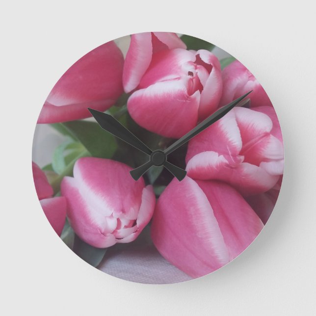 Blommigt Vår Bouquet of Rosa Tulips, Flowers Rund Klocka (Framsida)