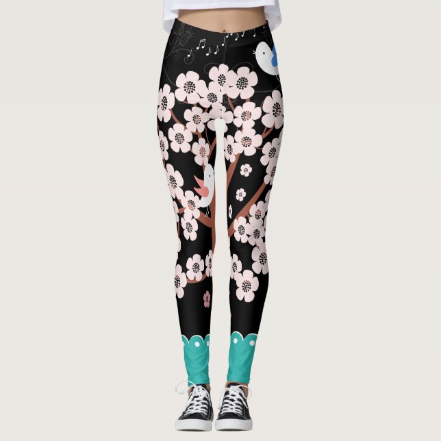 Blommigt Vår Garden med singelfåglar Leggings (Framsida)