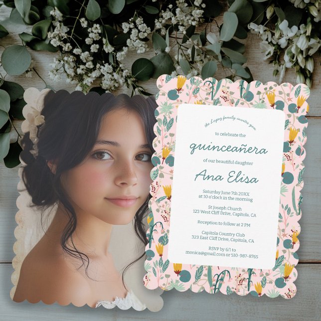 Blommigt Vår Garden Mönster PHOTO Quinceañera Inbjudningar (Floral Spring Garden Pattern PHOTO Quinceañera Invitation
)