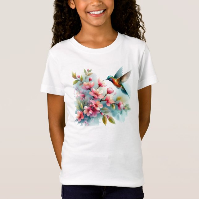 Blommigt/vår hummingbird-grafik t shirt (Framsida)