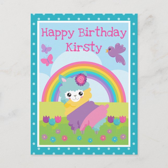 Blommigt Vår Rainbow Llama & Rainbow Birthday Vykort (Framsida)