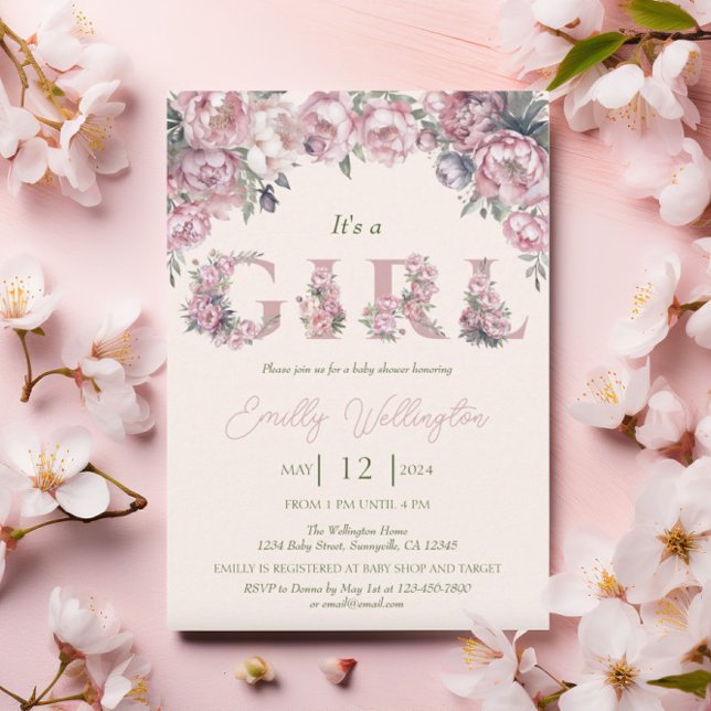 Blommigt Vår Rosa Peonies Boho Girl Baby Shower Inbjudningar (Skapare uppladdad)