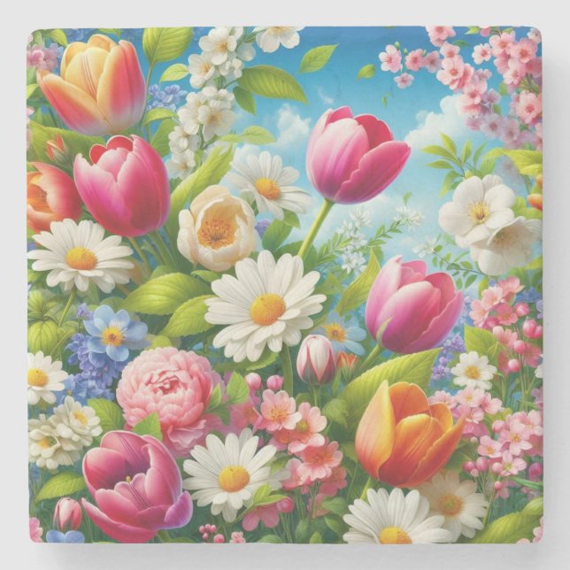 Blommigt/vår-teckning Stenunderlägg (Framsidan)