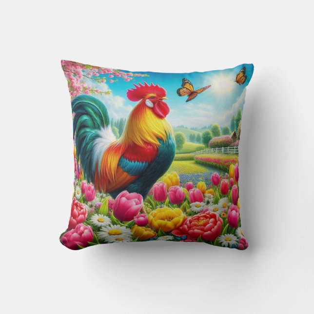 Blommigt/vår tupp/kycklingkonst kudde (Framsida)