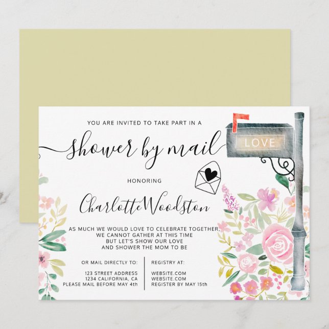 Blommigt vår vattenfärgstryck med e-post inbjudningar (Fram/baksida)