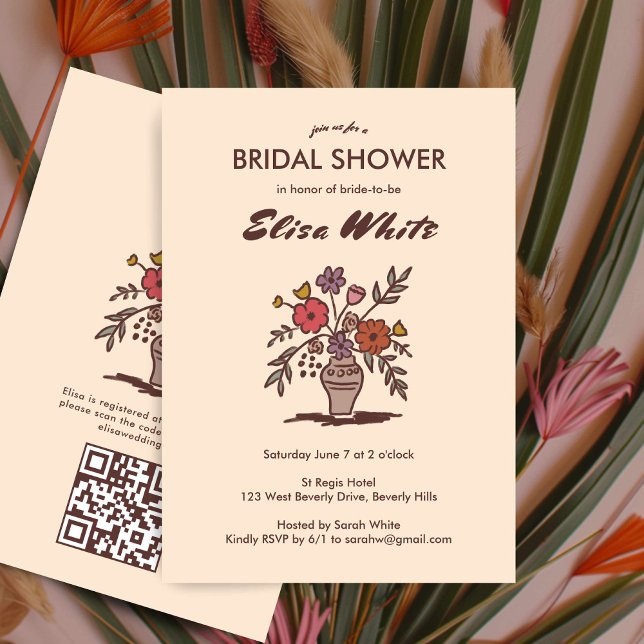Blommigt Vas Neutralter Viktig Möhippa QR Inbjudningar (Floral Vase Neutrals Whimsical Bridal Shower QR Invitation
)