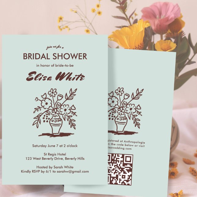 Blommigt Vas Rustic Whimsic QR Code Möhippa Inbjudningar (Floral Vase Rustic Whimsical Custom QR Code Bridal Shower Invitation Earthy Neutrals Sage
)