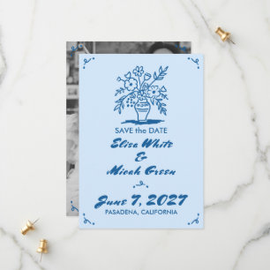 Blommigt Vas Rustic Whimsical Sketch Blue Photo Spara Datumet