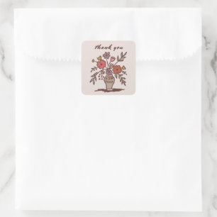 Blommigt Vas Rustic Whimsical Sketch Tack Fyrkantigt Klistermärke